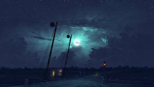 a street with a building and a moon in the sky.png