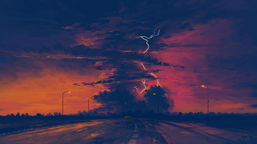 a road with lightning bolts in the sky.png