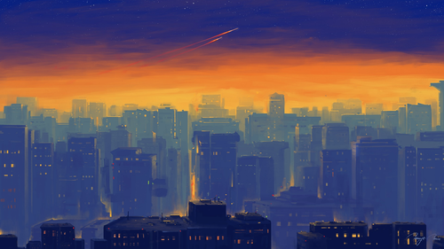 a city skyline with a plane in the sky.png
