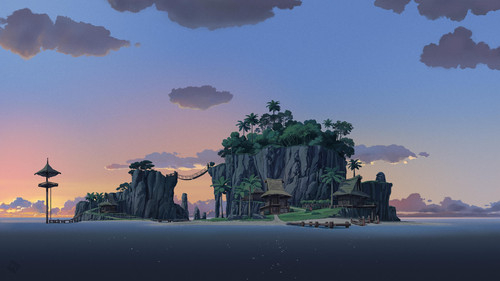 a cartoon of a island with a bridge and trees 01.jpg