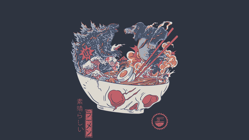 a cartoon of a bowl of ramen with two monsters fighting.png