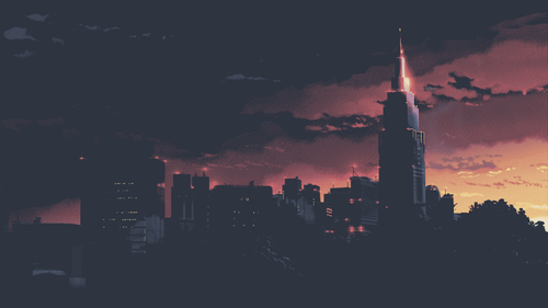 a city skyline with a tall building and a red sky.png