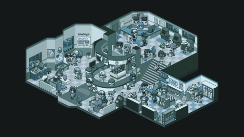 a pixel art of a room with people and a room with a black background.png