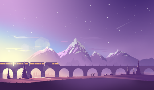 a train crossing a bridge over a bridge with mountains in the background.png