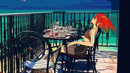 a cartoon of a woman sitting at a table on a deck.jpg