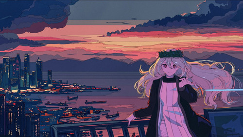 a cartoon of a woman standing on a railing overlooking a body of water.jpg