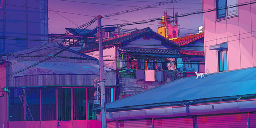 a colorful buildings with power lines.jpg