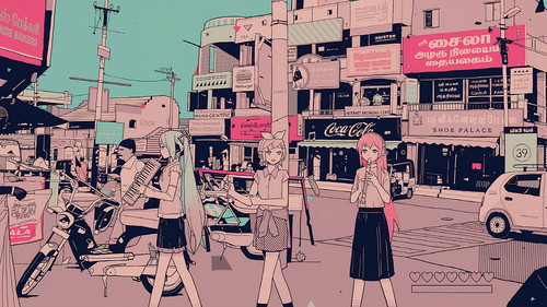 a cartoon of girls playing instruments on a street.jpg