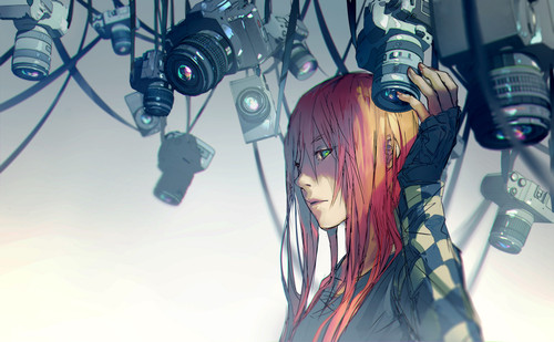 a cartoon of a woman with pink hair and many cameras.jpg