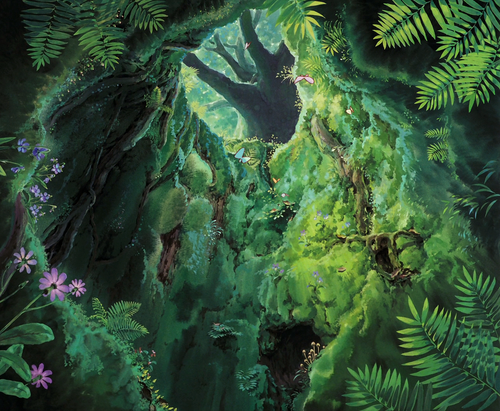 a green cave with trees and plants.png