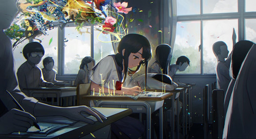 a girl sitting at desks in a classroom with flowers flying out of her head.jpg