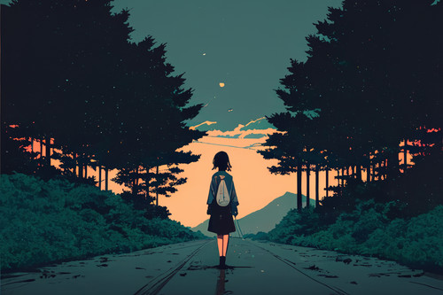 a girl standing on a road with trees and mountains in the background.jpg
