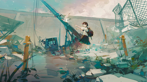 a girl standing on a broken metal pole.jpg