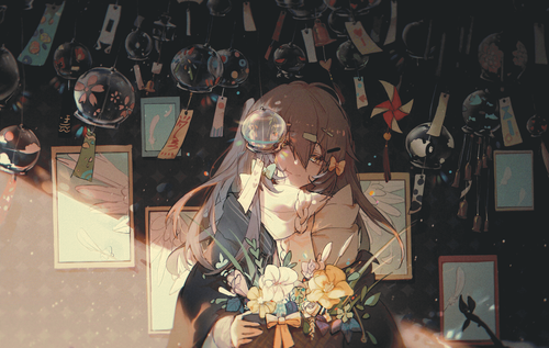 a cartoon of a girl holding a bouquet of flowers.png
