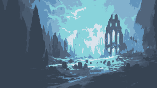 a graveyard with a castle and trees.png
