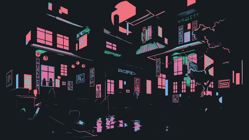 a group of buildings with neon lights.png