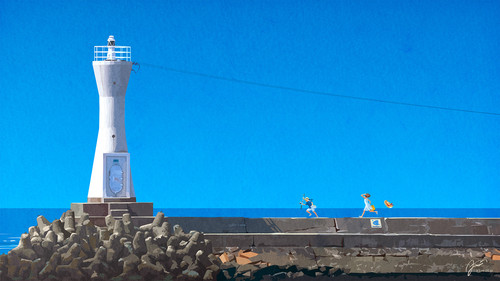 a group of people running on a concrete wall next to a lighthouse.jpg