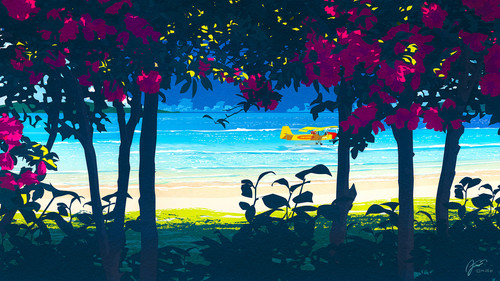 a beach with trees and flowers.jpg