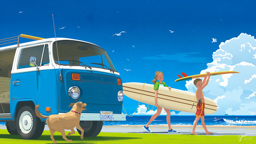 a cartoon of a boy carrying a surfboard and a dog.jpg