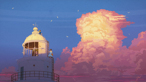 a lighthouse with a large cloud of pink clouds.jpg