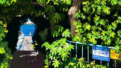 a dock with trees and a blue railing.jpg