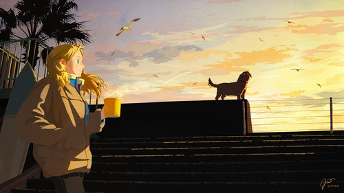 a girl holding a cup and standing on a ledge with a dog.jpg