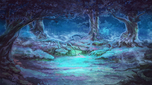 a painting of a forest with trees and fog.jpg