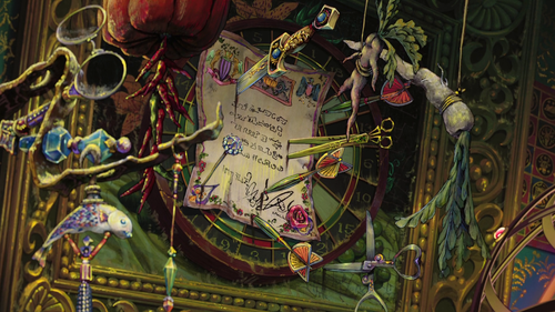 a painting of a clock with a paper and scissors from it.png