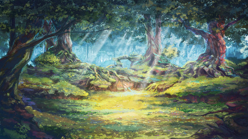 a painting of a forest with trees and sun rays 01.jpg