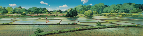 a landscape of a farm with trees and a blue sky.png