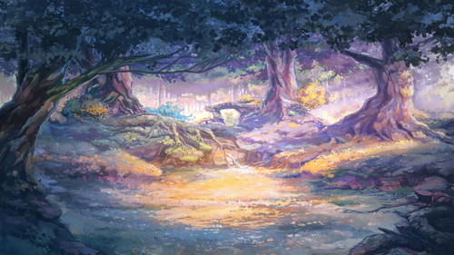 a painting of a forest with trees and a path.jpg