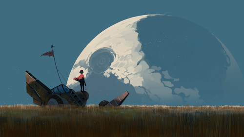 a person standing on a broken object in a field with a large white moon.png