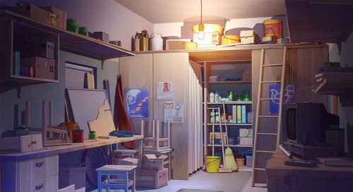 a room with shelves and shelves and a light.jpg