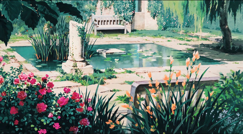 a pond with a bench and flowers.jpg