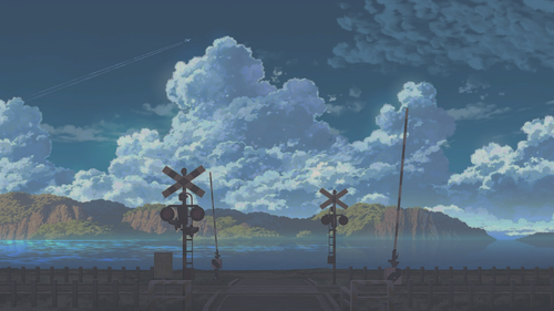 a train crossing with a train track and a body of water.png