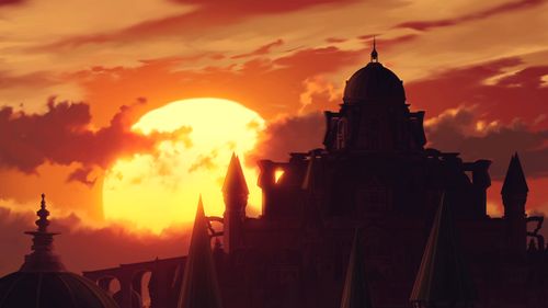 a silhouette of a castle with a sunset behind it.png