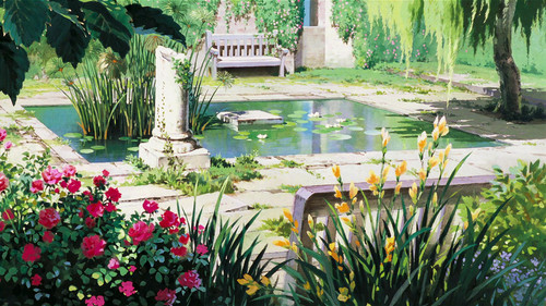 a pond with flowers and a bench in the middle.jpg