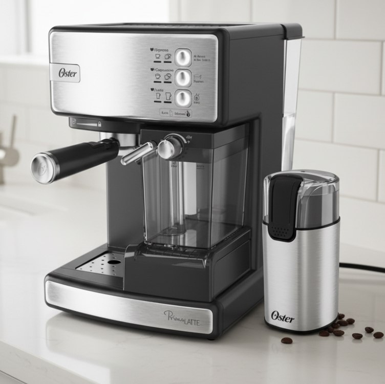 Oster Kit Cafeteira Nova PrimaLatte Inox e Moedor de Café Elétrico Inox Oster – 220V