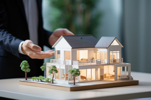 a photo pf a *house model* man standing behind with hand shake, clean, daylight --style raw --ar 3:2.jpg