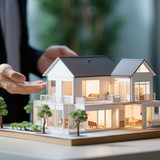 a photo pf a *house model* man standing behind with hand shake, clean, daylight --style raw --ar 3:2