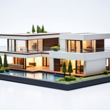 photo of *modern house model* on the table, architecture, real estate isolated on white background -