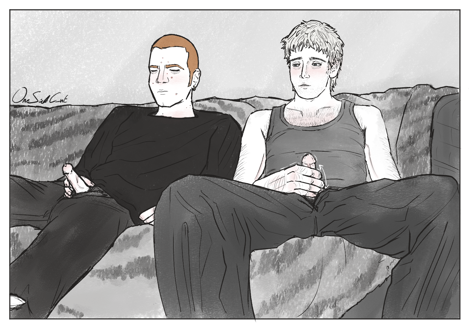 Art I drew of Mark Renton and Simon Williamson sat on their sofa masturbating next to one another, Simon is looking at Mark's cock while Mark has his eyes closed'