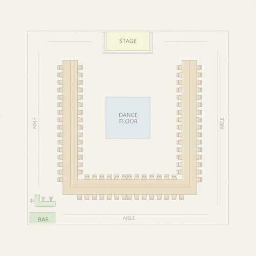 Схематичное изображение расстановки столов и зон в прямоугольном шатре для банкета