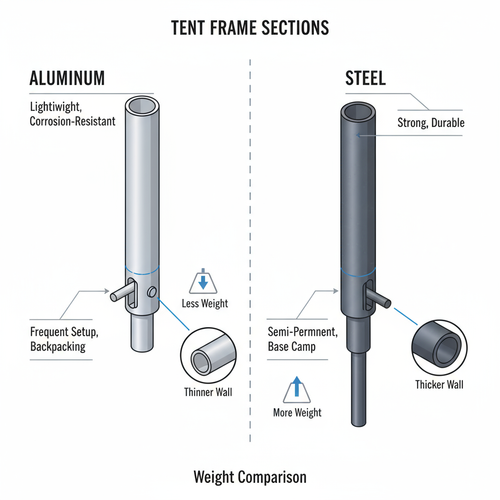 Инфографика с сравнением алюминиевого и стального каркаса для тентовых конструкций