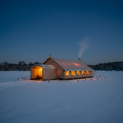 Теплый шатер для зимнего мероприятия с тамбуром на входе и иллюминацией
