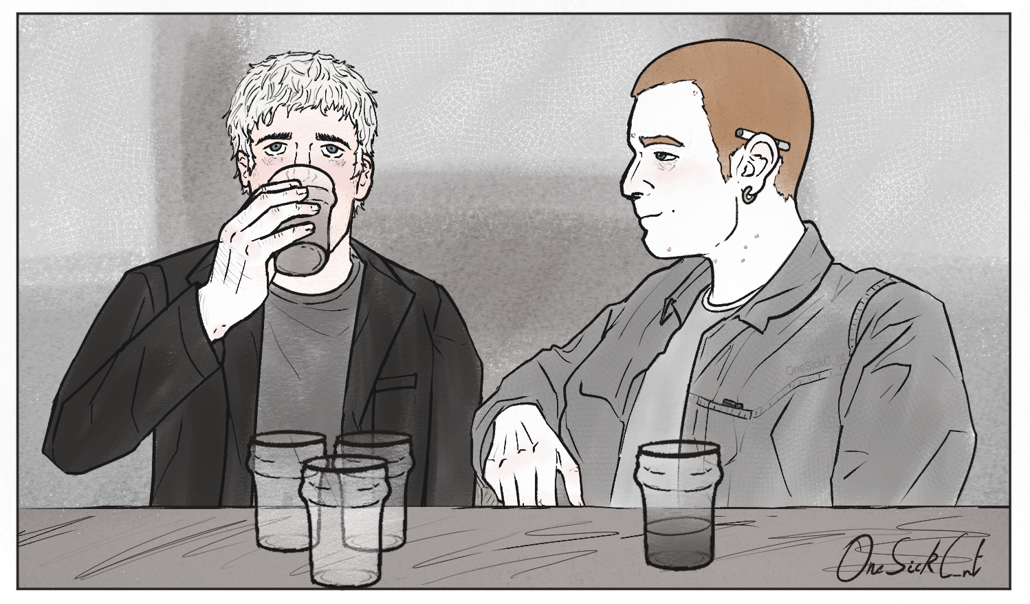 Art I drew of Mark Renton and Simon Williamson sat at a table in a pub drinking, Mark is looking at simon lustfully while he only has one half-drank glass of lager in front of him, Simon is red-faced while downing a glass of lager himself, with three previously finished empty glasses sat in front of him'