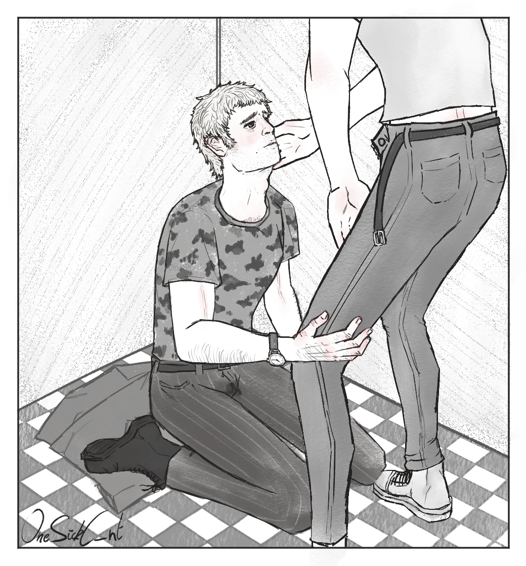 Art I drew of Mark Renton and Simon Williamson, Simon is on his knees in front of mark with the crotch of his trousers sticky with cum, Mark is partially out of frame but visibly standing with his trousers unbuttoned and his hand caressing Simon's cheek'