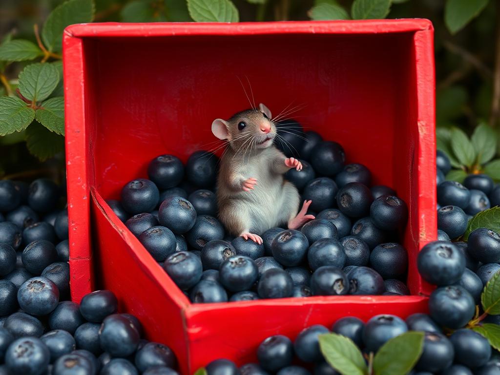 A red box of blue berries with a rat dancing inside