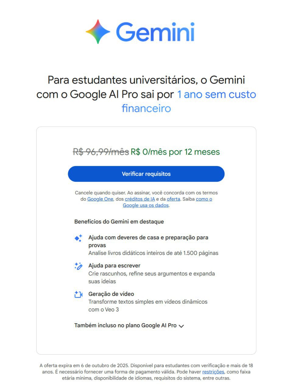 [Estudantes] 1 Ano grátis – Google AI Pro 2TB Armazenamento + VEO + Gemini PRO