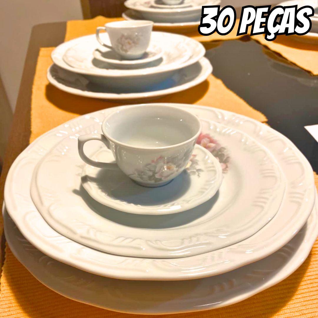 Serviço de Jantar e Café 30 Peças em Porcelana, Xícaras sem Pé, Com Relevo Pomerode, Decoração Eterna, Multicor, Porcelana Schmidt